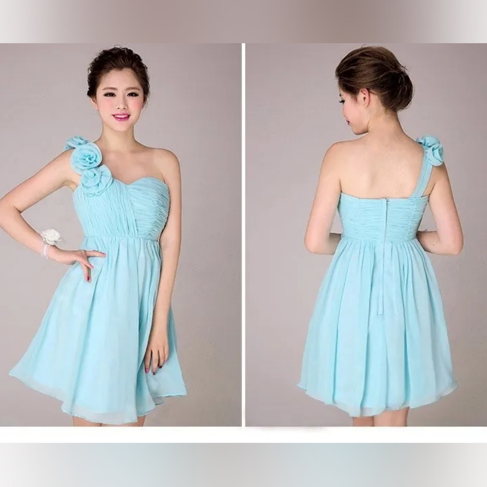 ✨️NWT May Queen Style 1091 Aqua One Shoulder Flowy Mini Dress Size 18